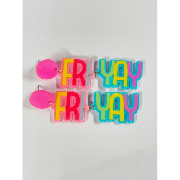 Fri-Yay Drop Earrings Multi-Color Neon Statement Dangles Retro Pop Art - Picture 2 of 8